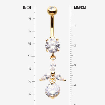 Detail View 1 of Golden Tri-Marquise Floral Leaf Sparkles Belly Button Ring-Clear Gem